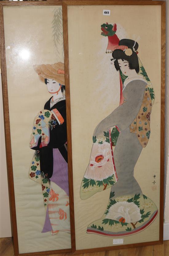 Three gouache on silk pictures, 110 x 41cm